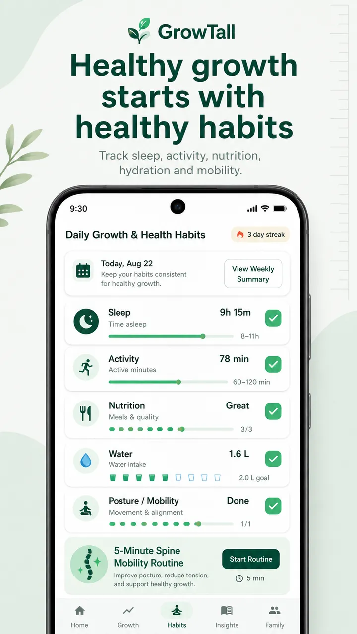 GrowTall daily habits screen with sleep, activity, nutrition, water and posture tracking.